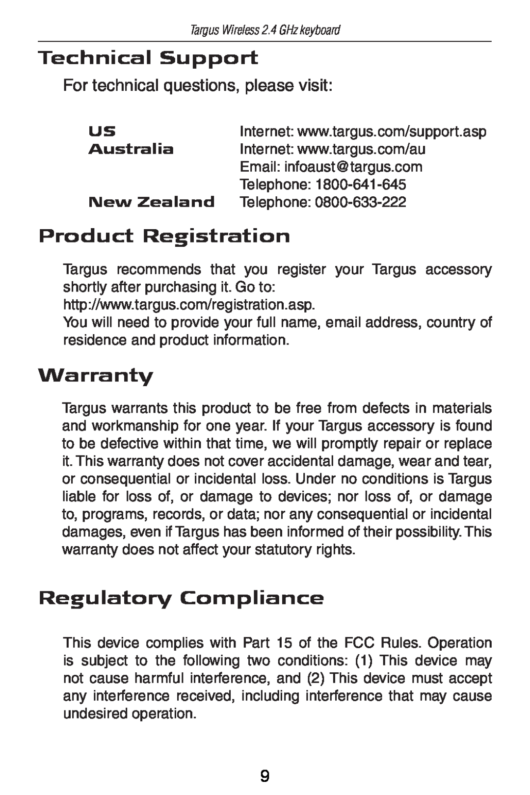 Targus AKB24US Technical Support, Product Registration, Warranty, Regulatory Compliance, Australia, New Zealand 