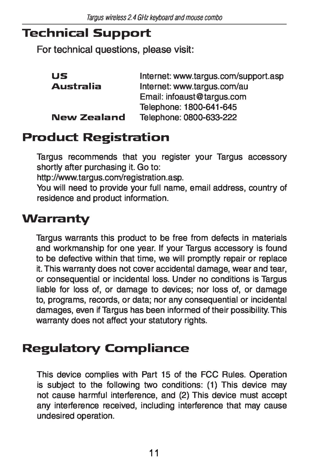 Targus AKM11 Technical Support, Product Registration, Warranty, Regulatory Compliance, Australia, New Zealand 