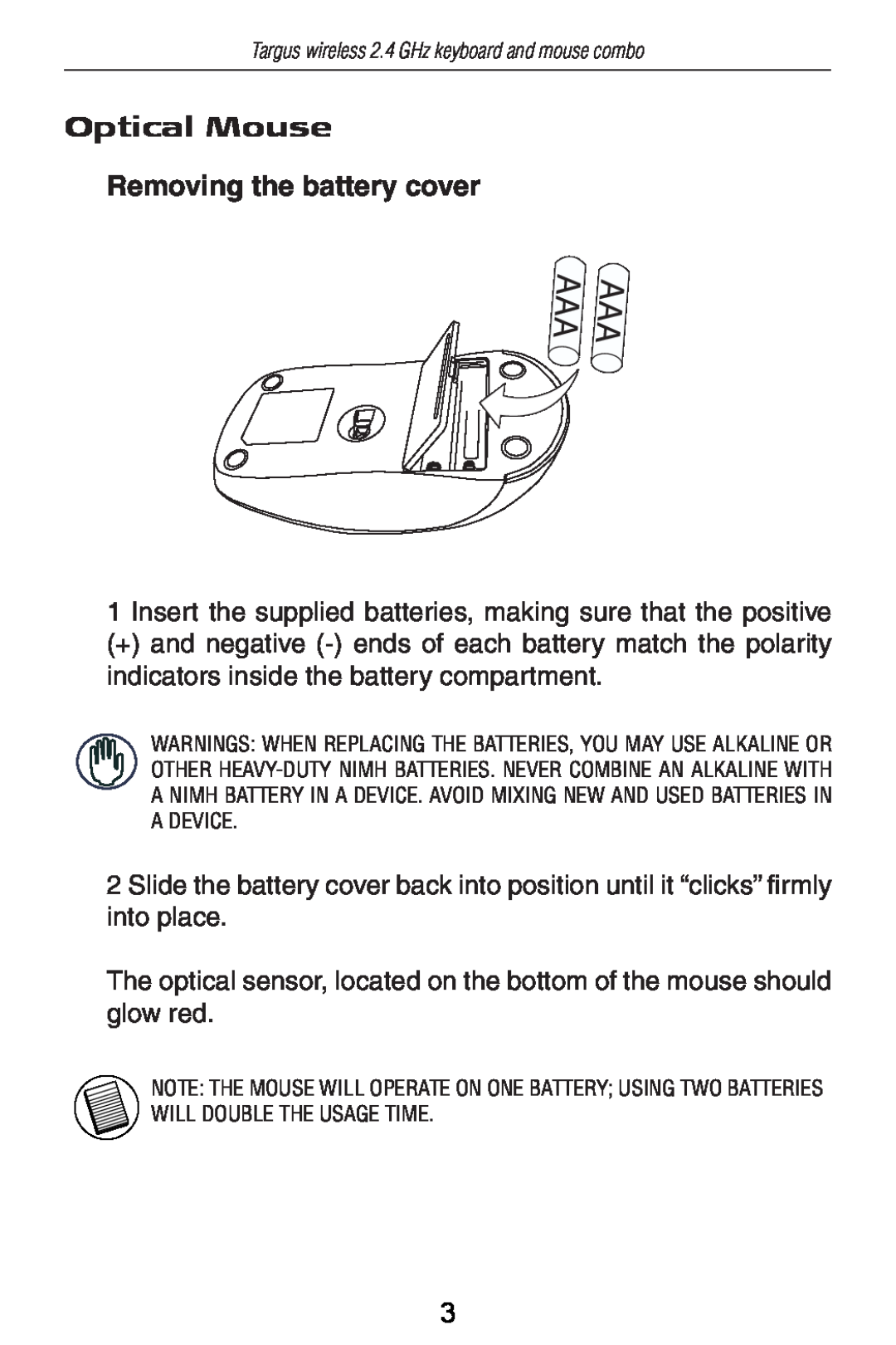 Targus AKM11 specifications Optical Mouse, Removing the battery cover 