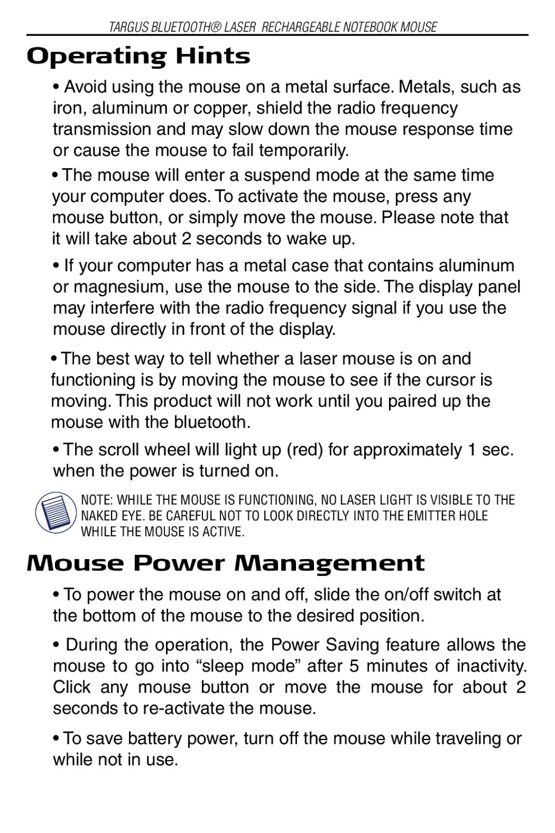 Targus AMB03US specifications Operating Hints, Mouse Power Management 