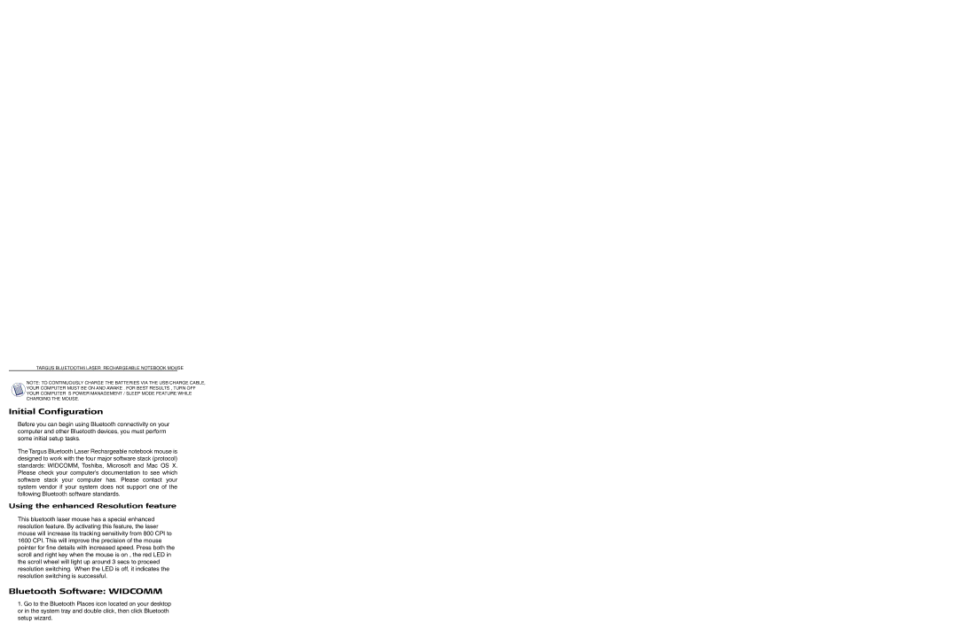 Targus AMB03US specifications Initial Configuration, Bluetooth Software Widcomm 