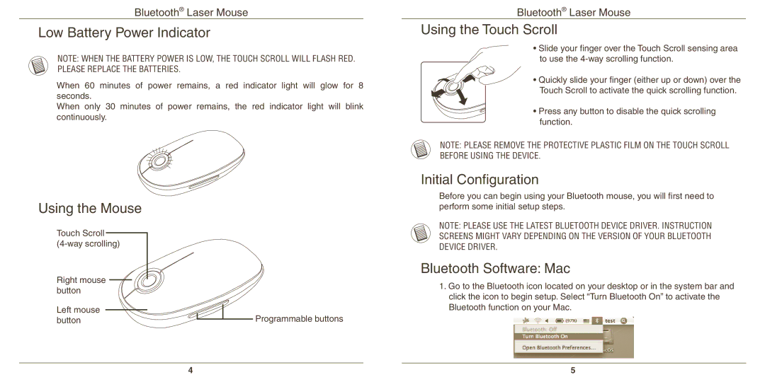 Targus AMB08US warranty Low Battery Power Indicator, Using the Mouse, Using the Touch Scroll, Initial Configuration 