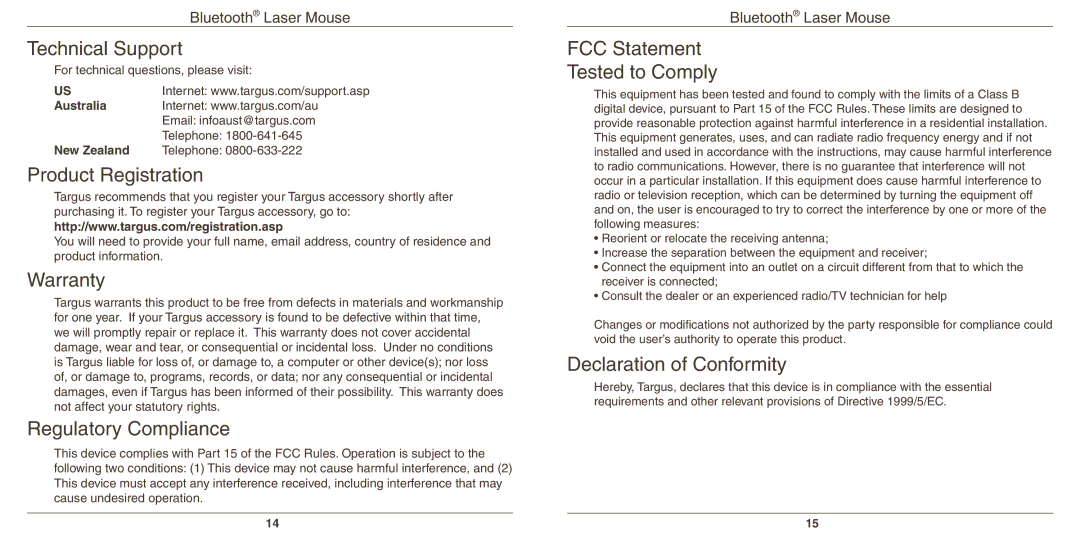 Targus AMB08US Technical Support, Product Registration, Warranty, Regulatory Compliance, FCC Statement Tested to Comply 