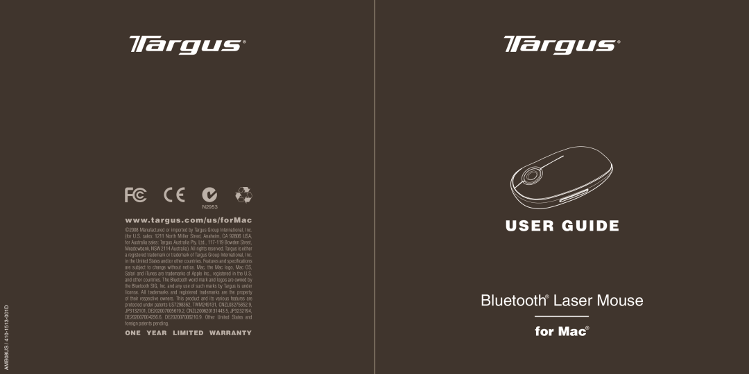 Targus warranty Bluetooth Laser Mouse, User Guide, for Mac, One Year Limited Warranty, AMB08US / 410-1513-001D, N2953 