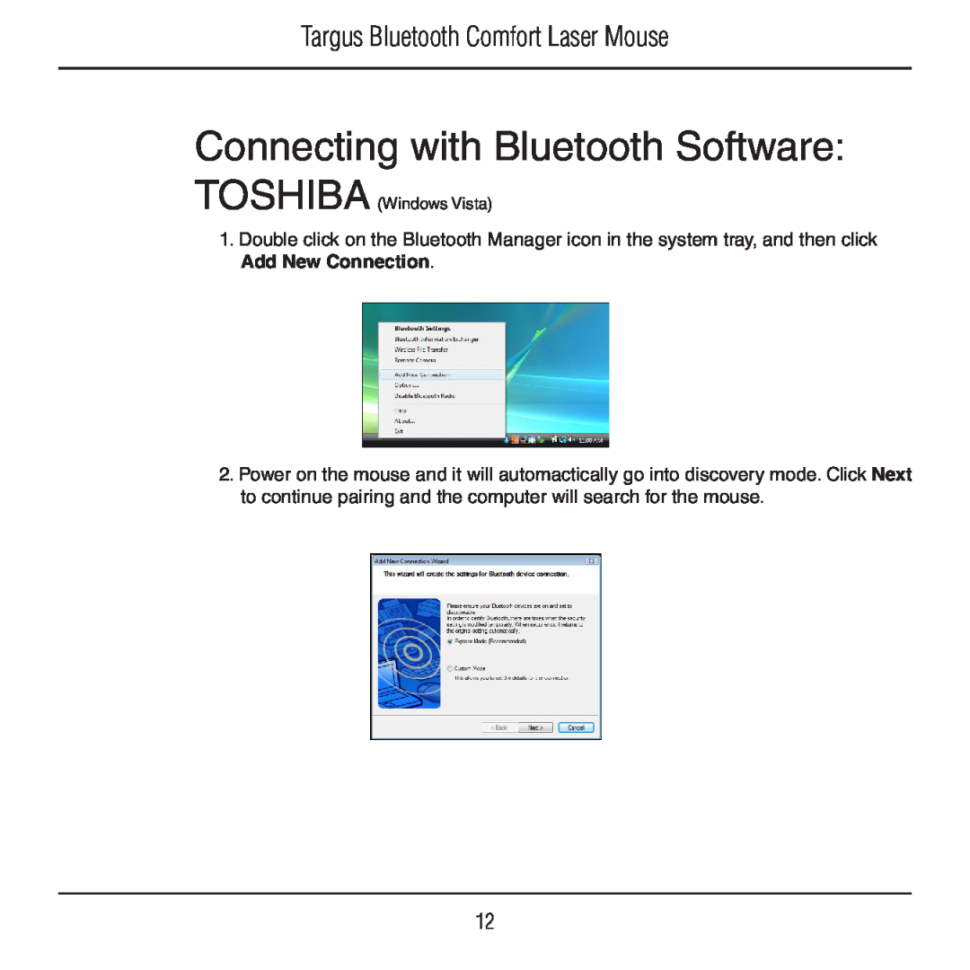 Targus AMB09US manual Connecting with Bluetooth Software, Targus Bluetooth Comfort Laser Mouse, TOSHIBA Windows Vista 