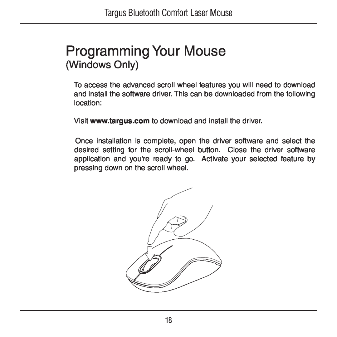 Targus AMB09US manual Programming Your Mouse, Windows Only, Targus Bluetooth Comfort Laser Mouse 