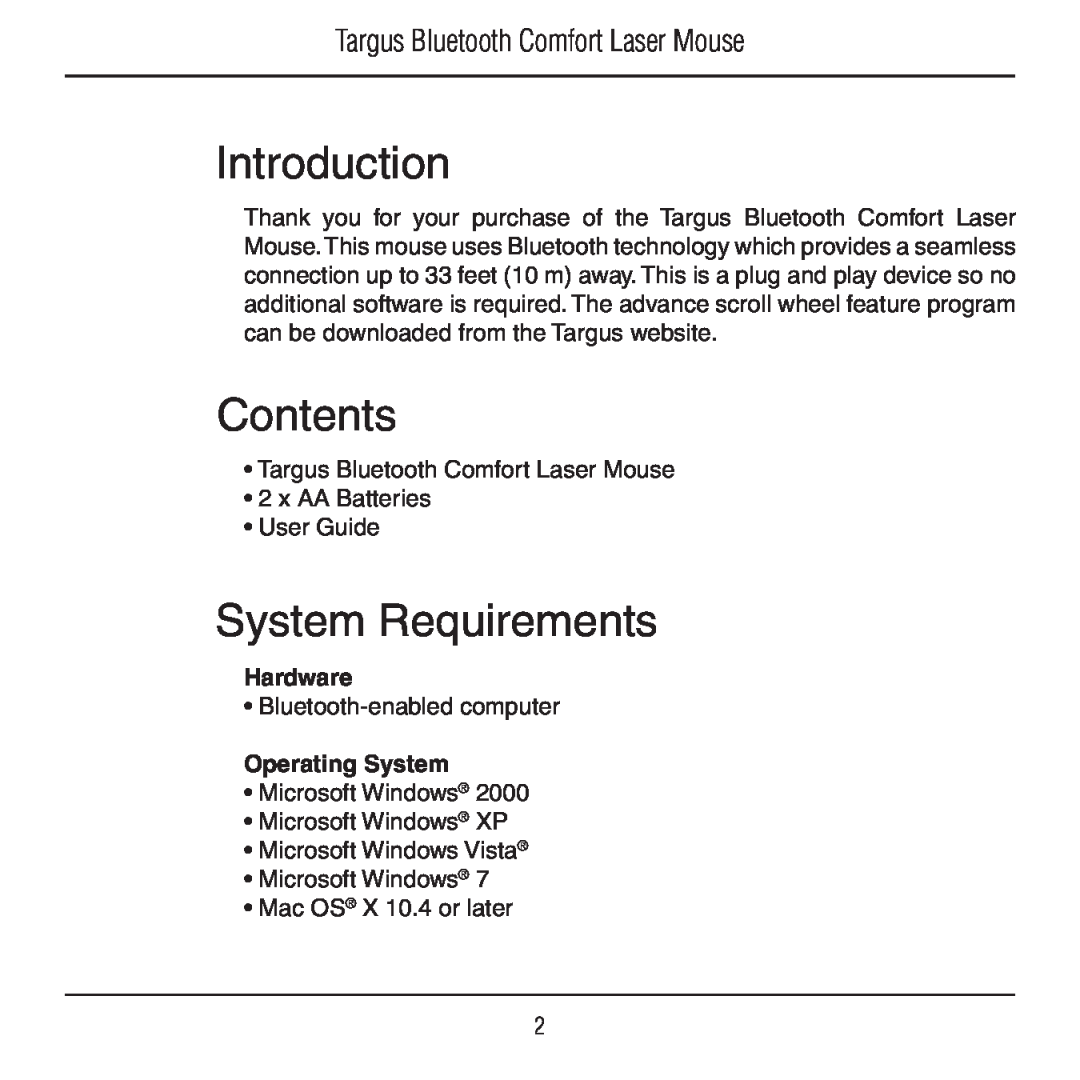 Targus AMB09US manual Introduction, Contents, System Requirements, Targus Bluetooth Comfort Laser Mouse, Hardware 