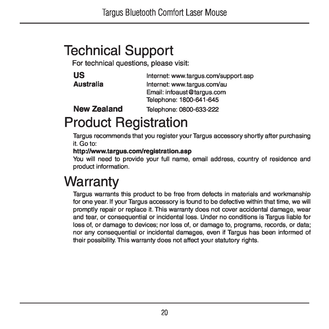 Targus AMB09US manual Technical Support, Product Registration, Warranty, Targus Bluetooth Comfort Laser Mouse, New Zealand 
