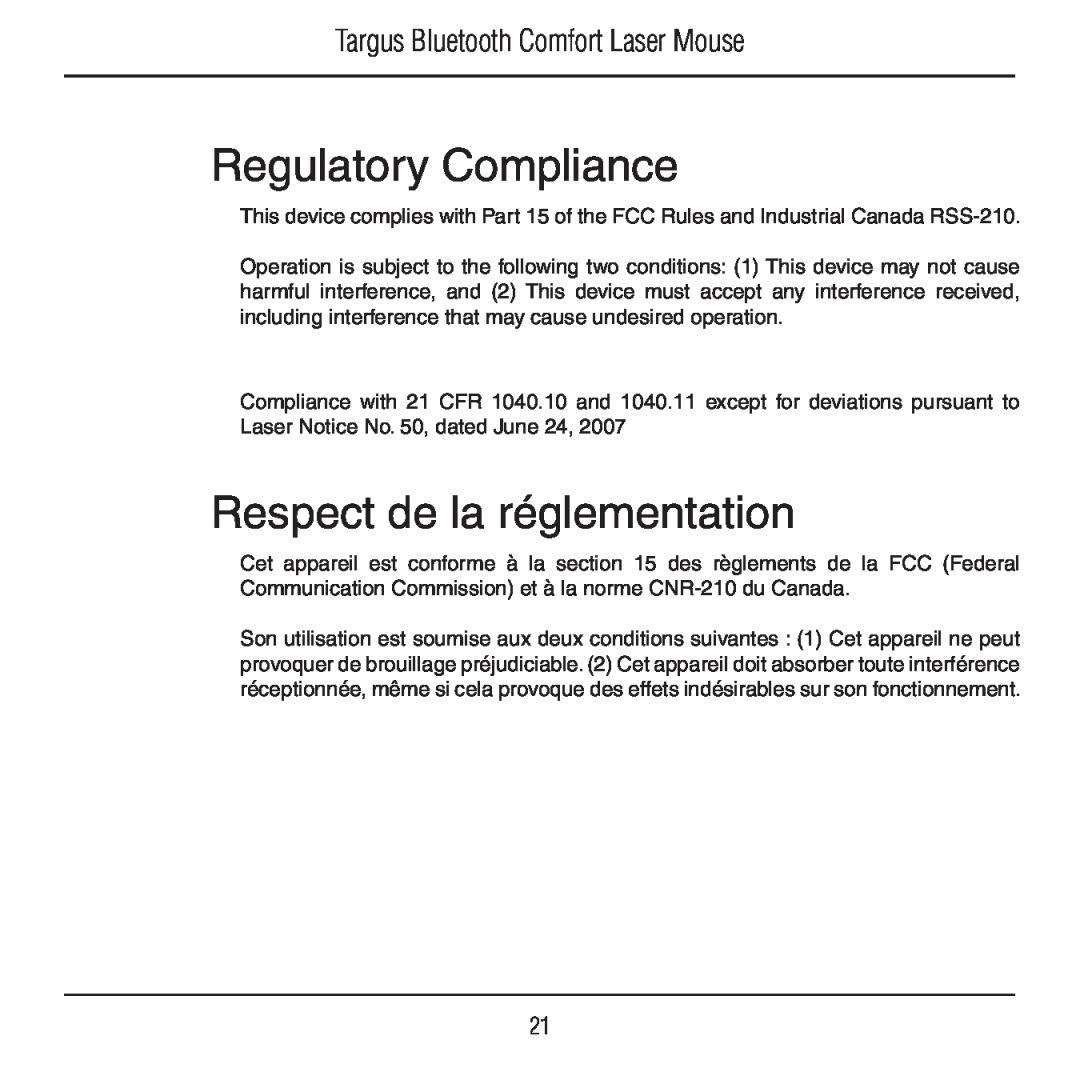 Targus AMB09US manual Regulatory Compliance, Respect de la réglementation, Targus Bluetooth Comfort Laser Mouse 