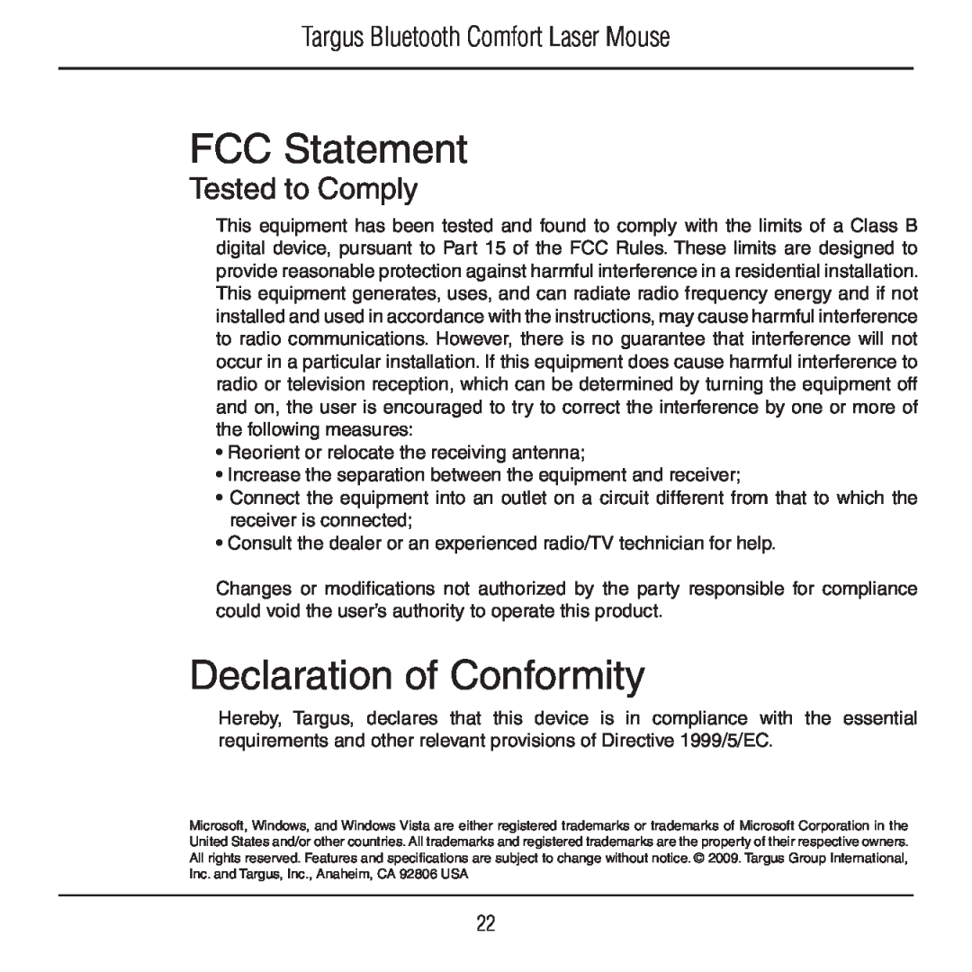 Targus AMB09US manual FCC Statement, Declaration of Conformity, Tested to Comply, Targus Bluetooth Comfort Laser Mouse 
