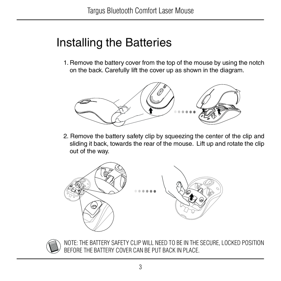 Targus AMB09US manual Installing the Batteries, Targus Bluetooth Comfort Laser Mouse 