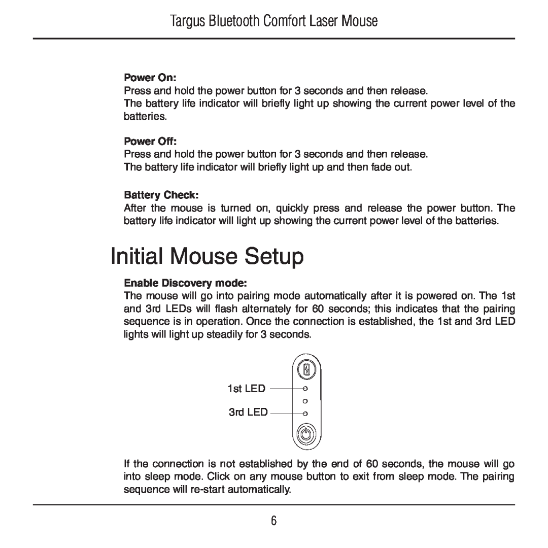 Targus AMB09US manual Initial Mouse Setup, Targus Bluetooth Comfort Laser Mouse, Power On, Power Off, Battery Check 