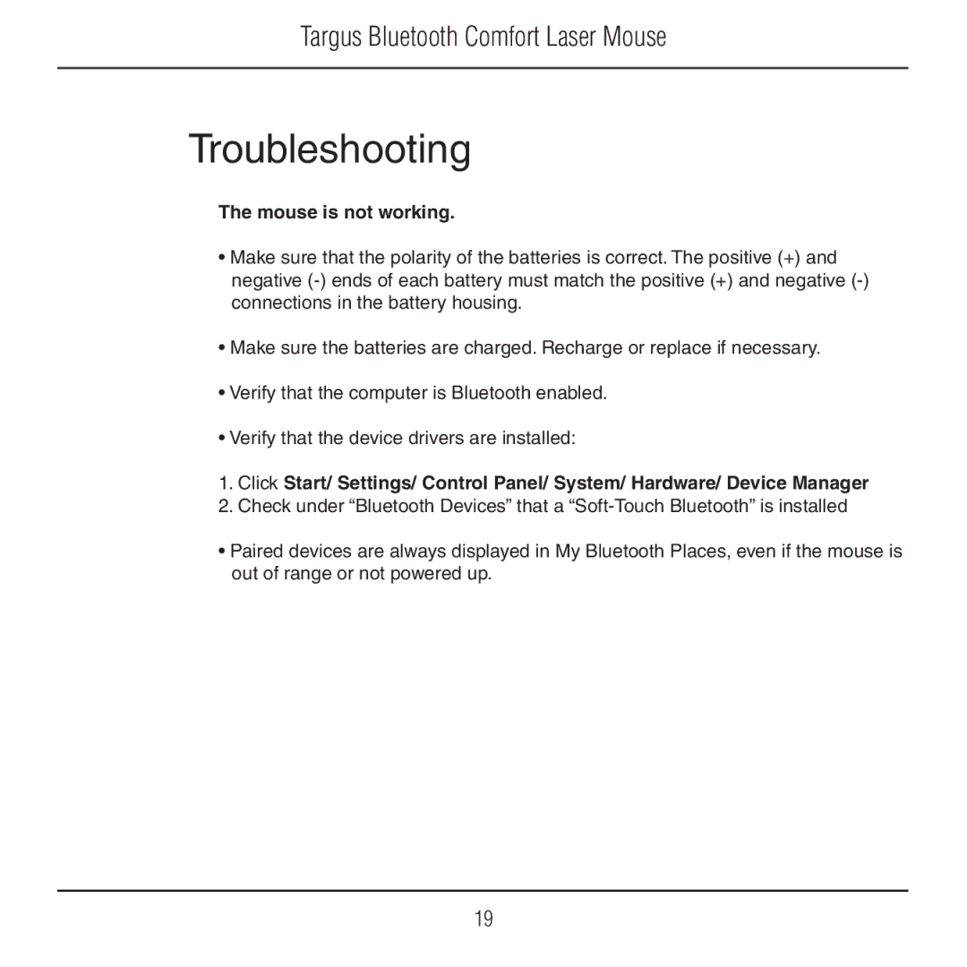 Targus AMB09US manual Troubleshooting, Mouse is not working 