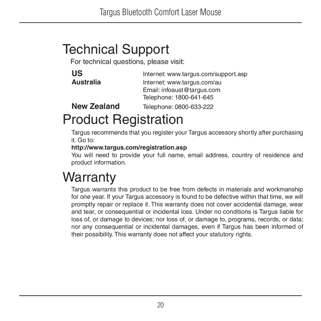 Targus AMB09US manual Technical Support, Product Registration, Warranty 