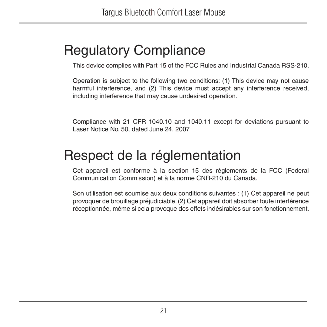 Targus AMB09US manual Regulatory Compliance, Respect de la réglementation 