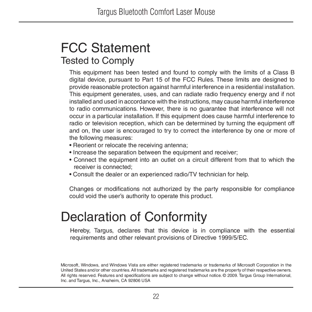 Targus AMB09US manual FCC Statement, Declaration of Conformity 