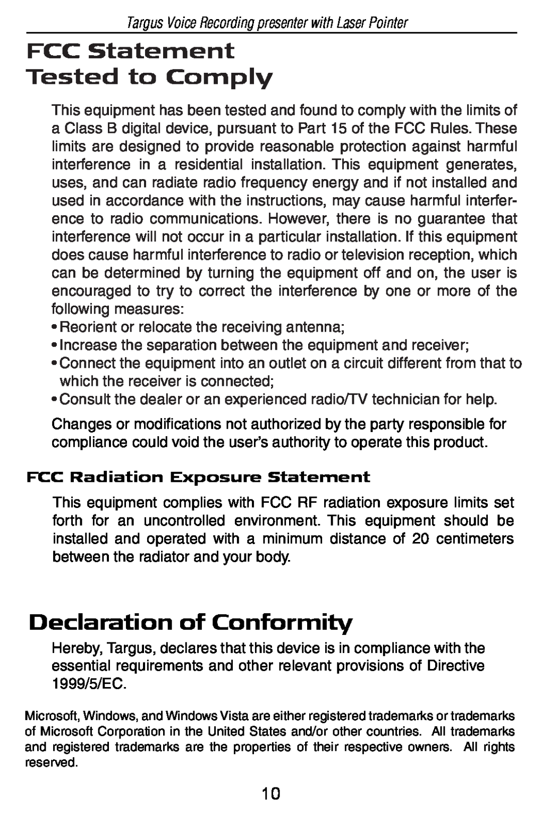 Targus AMP05US specifications Declaration of Conformity, FCC Statement Tested to Comply, FCC Radiation Exposure Statement 