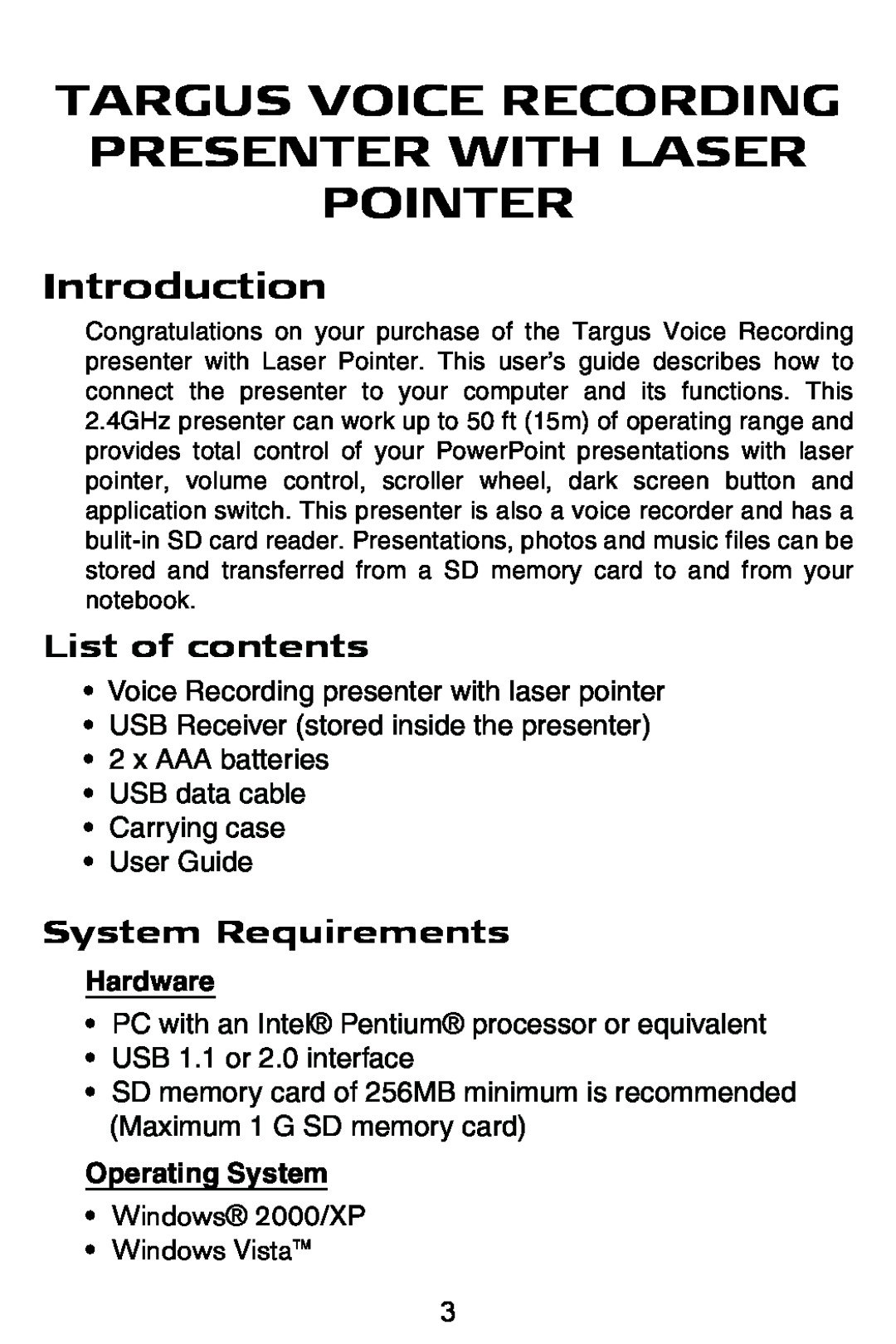 Targus AMP05US Introduction, List of contents, System Requirements, Hardware, Operating System, USB 1.1 or 2.0 interface 