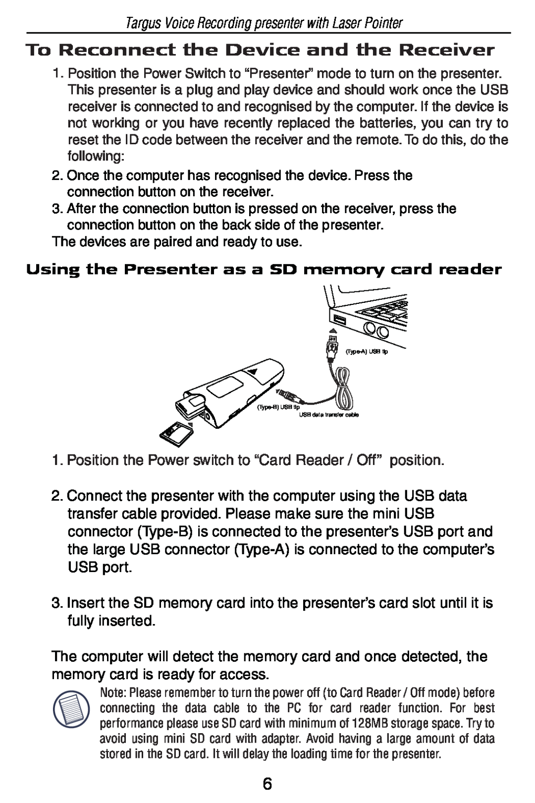 Targus AMP05US specifications To Reconnect the Device and the Receiver, Targus Voice Recording presenter with Laser Pointer 