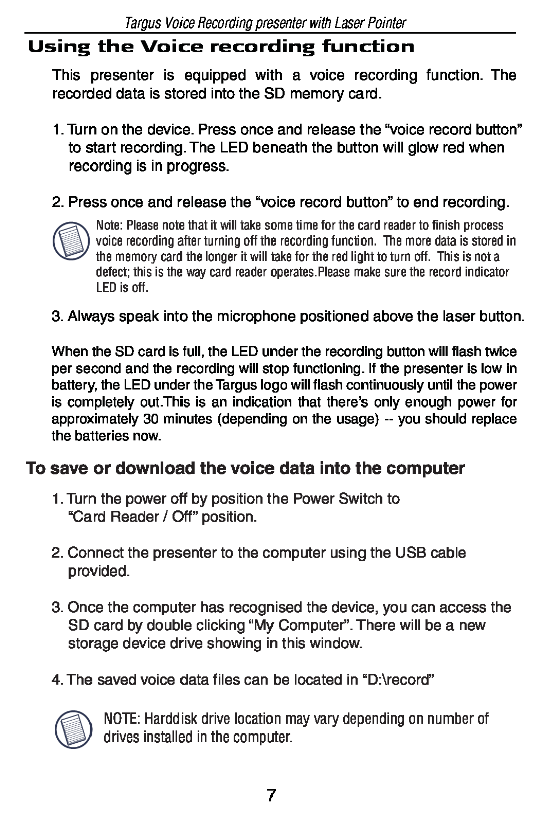 Targus AMP05US specifications Using the Voice recording function, To save or download the voice data into the computer 