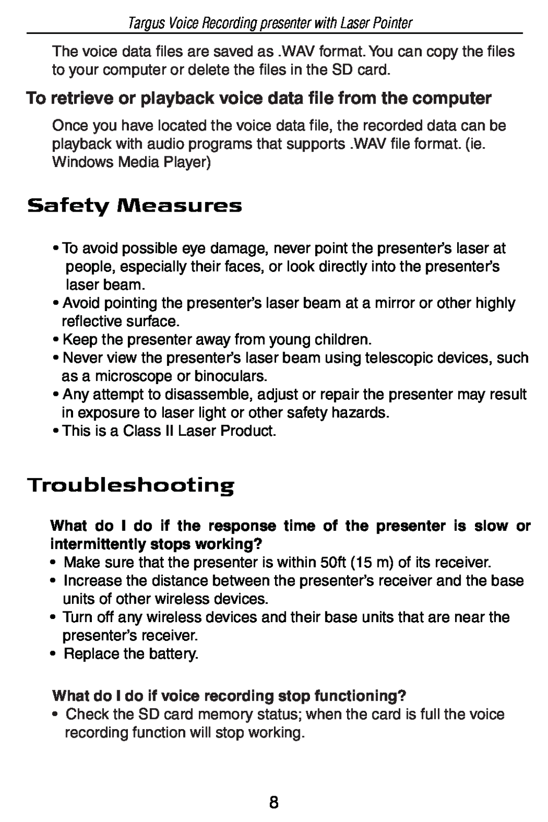 Targus AMP05US specifications Safety Measures, Troubleshooting, To retrieve or playback voice data file from the computer 