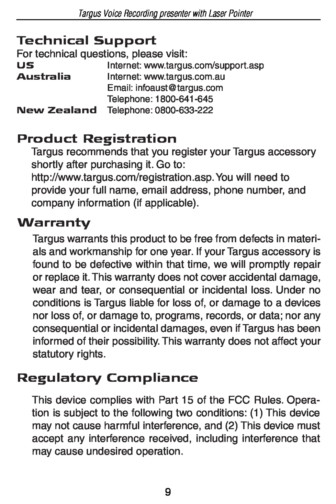 Targus AMP05US specifications Technical Support, Product Registration, Warranty, Regulatory Compliance 