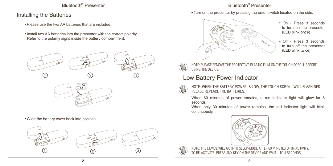 Targus AMP11 warranty Low Battery Power Indicator, Installing the Batteries 