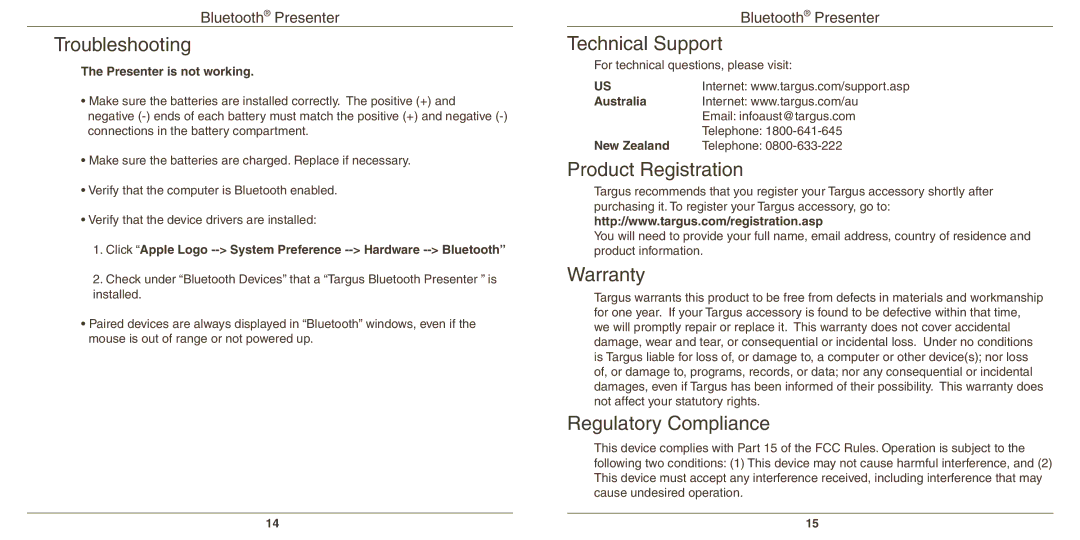 Targus AMP11 warranty Troubleshooting, Technical Support, Product Registration, Warranty, Regulatory Compliance 