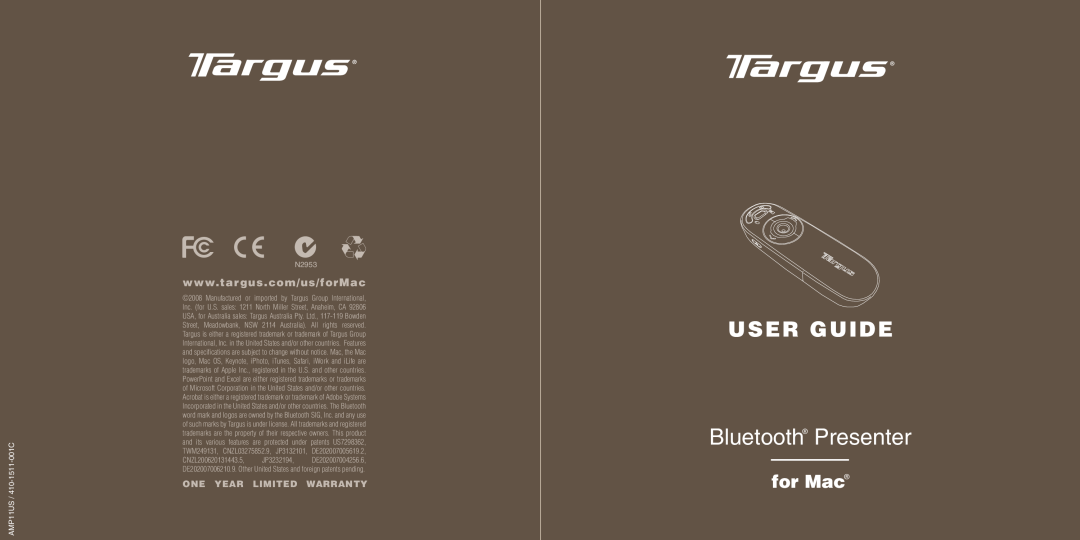 Targus warranty Bluetooth Presenter, User Guide, for Mac, One Year Limited Warranty, AMP11US / 410-1511-001C, N2953 