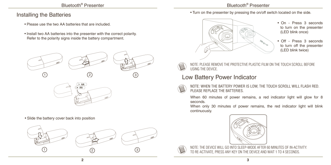 Targus AMP11 warranty Low Battery Power Indicator, Installing the Batteries, Bluetooth Presenter 