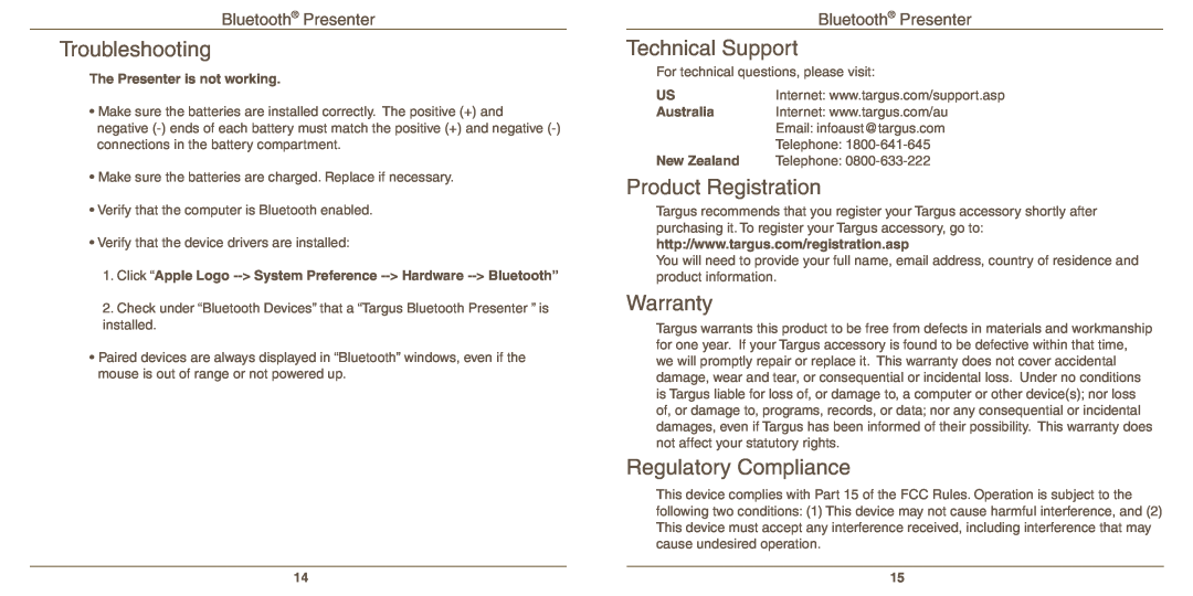 Targus AMP11 warranty Troubleshooting, Technical Support, Product Registration, Warranty, Regulatory Compliance, Australia 