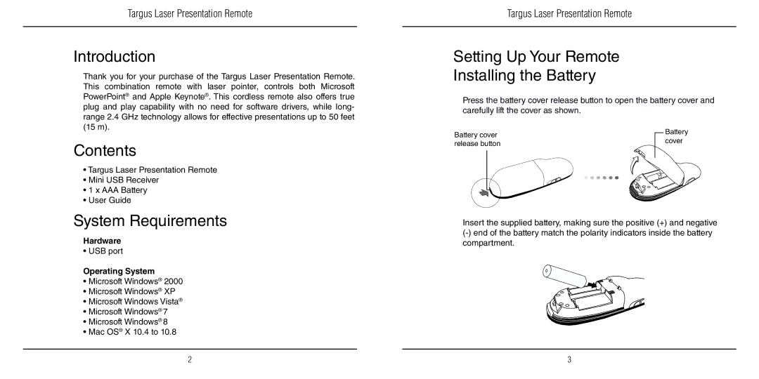 Targus AMP13US warranty Introduction, Contents, System Requirements, Setting Up Your Remote Installing the Battery 