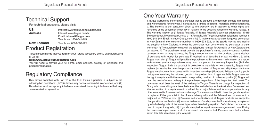 Targus AMP13US warranty Technical Support, Product Registration, Regulatory Compliance, One Year Warranty 