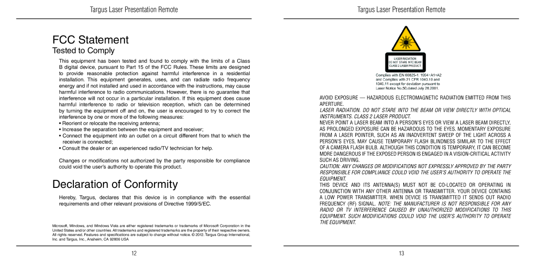 Targus AMP13US warranty FCC Statement, Declaration of Conformity 