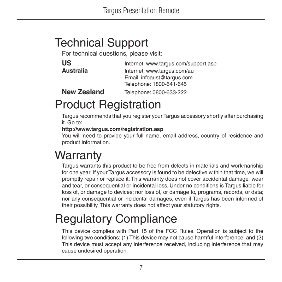 Targus AMP18US manual Technical Support, Product Registration, Warranty, Regulatory Compliance 