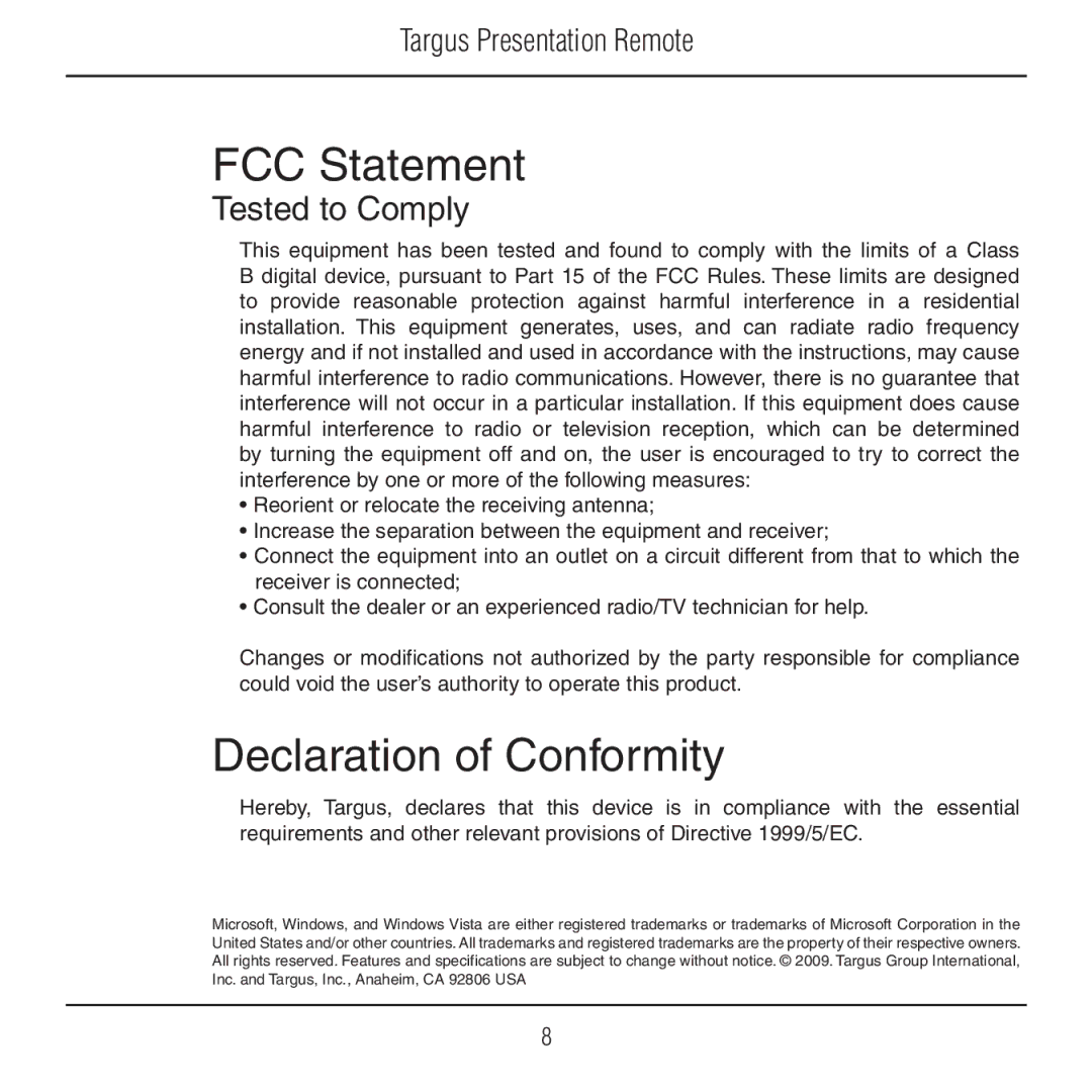 Targus AMP18US manual FCC Statement, Declaration of Conformity 