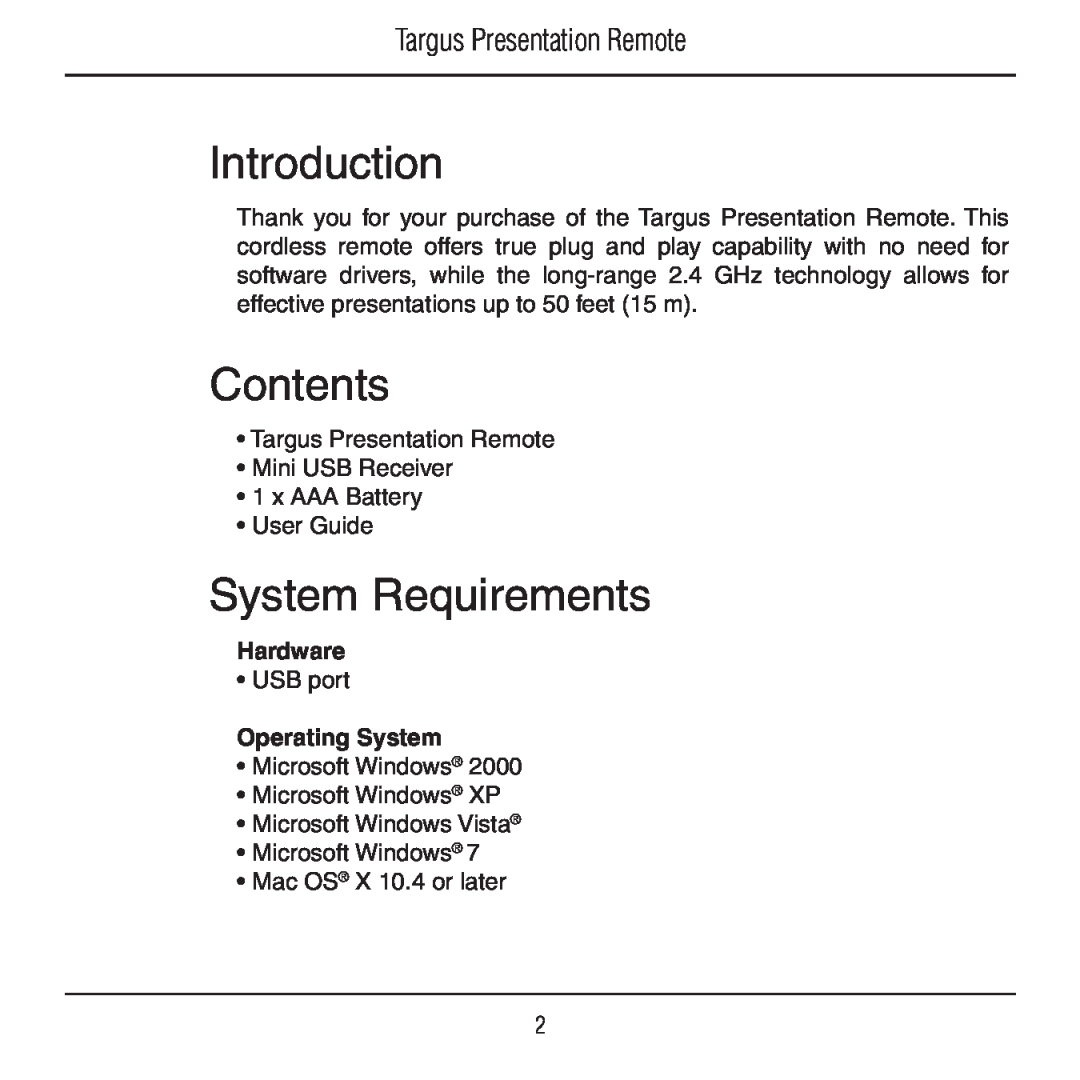 Targus AMP18US manual Introduction, Contents, System Requirements, Targus Presentation Remote, Hardware, Operating System 