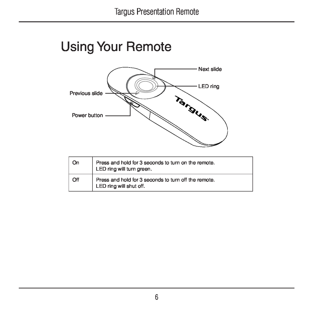 Targus AMP18US manual Using Your Remote, Targus Presentation Remote, Next slide LED ring Previous slide Power button 