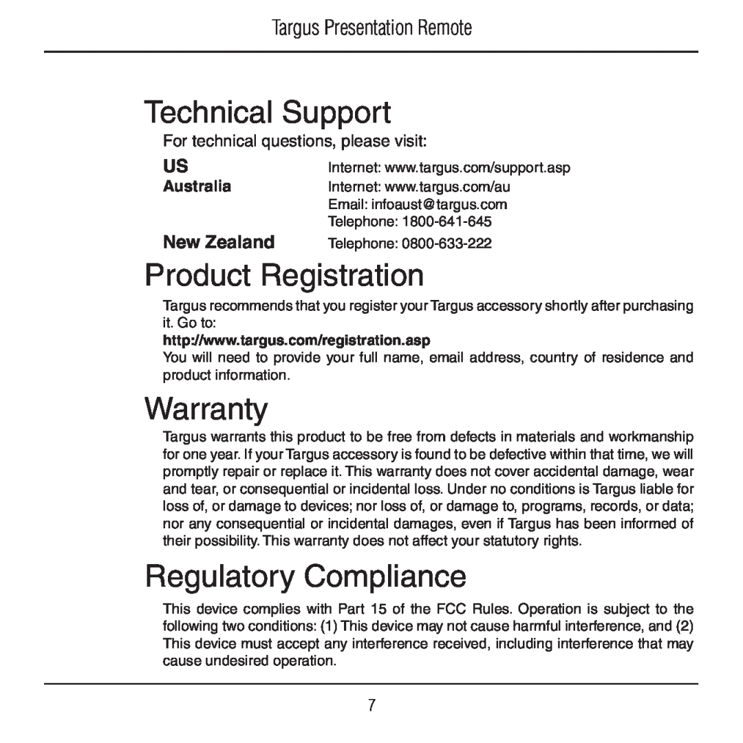 Targus AMP18US manual Technical Support, Product Registration, Warranty, Regulatory Compliance, Targus Presentation Remote 