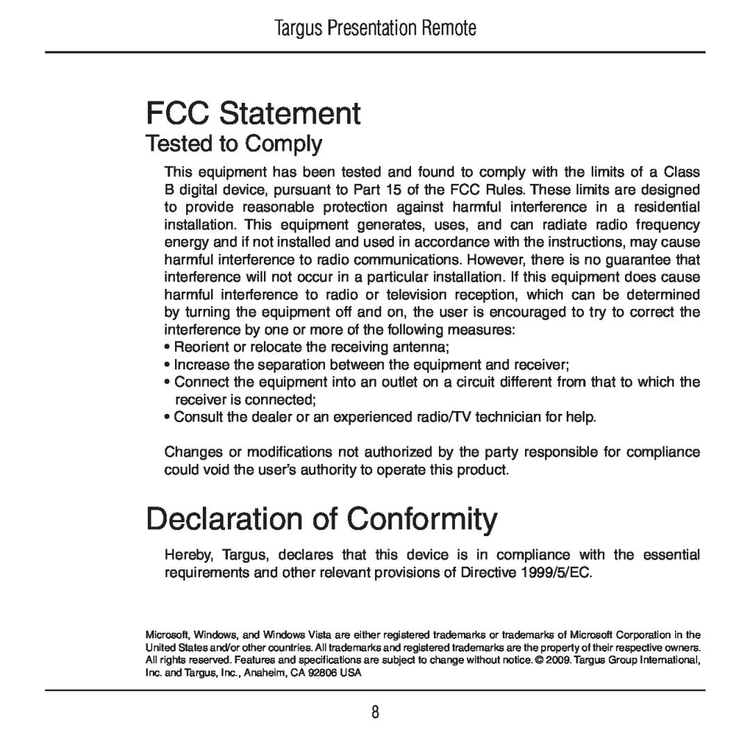 Targus AMP18US manual FCC Statement, Declaration of Conformity, Tested to Comply, Targus Presentation Remote 