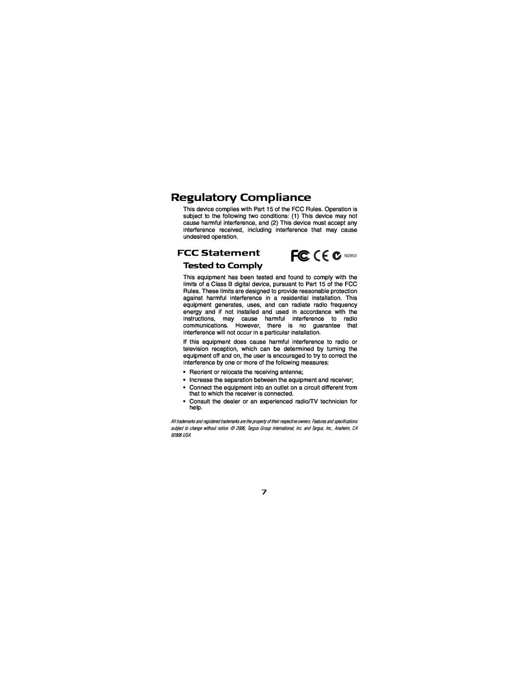 Targus AMU18US-10 specifications Regulatory Compliance, Tested to Comply, FCC Statement 