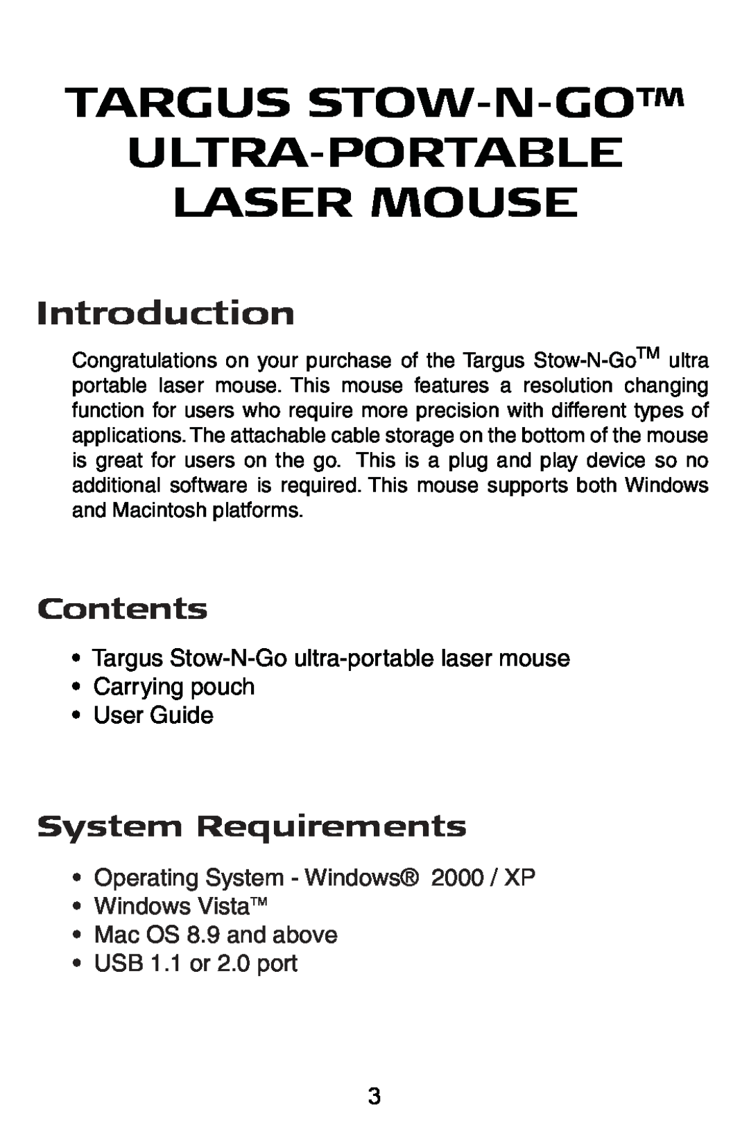 Targus AMU22US Contents, System Requirements, Targus Stow-N-Go ultra-portable laser mouse Carrying pouch User Guide 