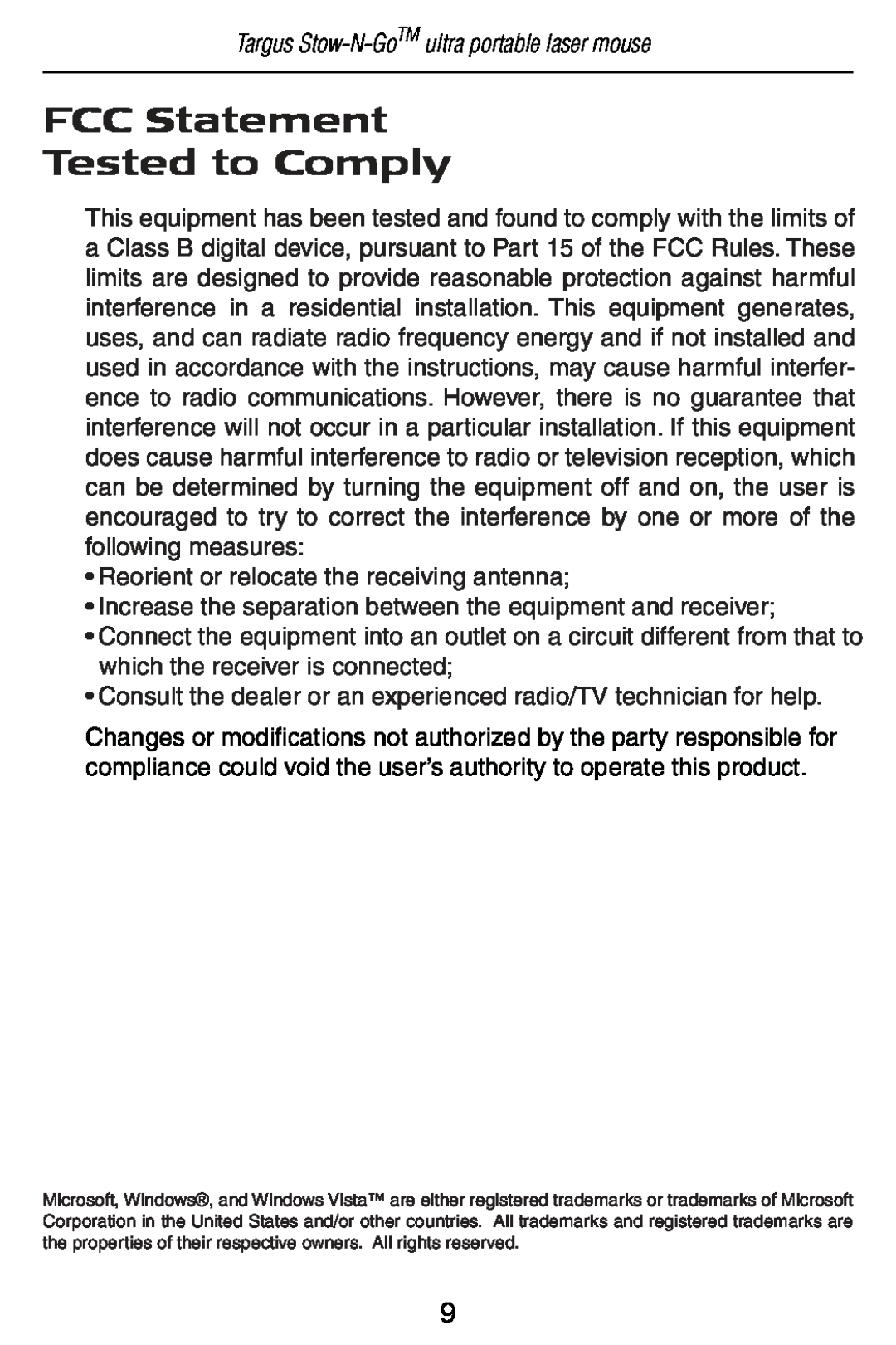 Targus AMU22US specifications FCC Statement Tested to Comply, Targus Stow-N-GoTM ultra portable laser mouse 