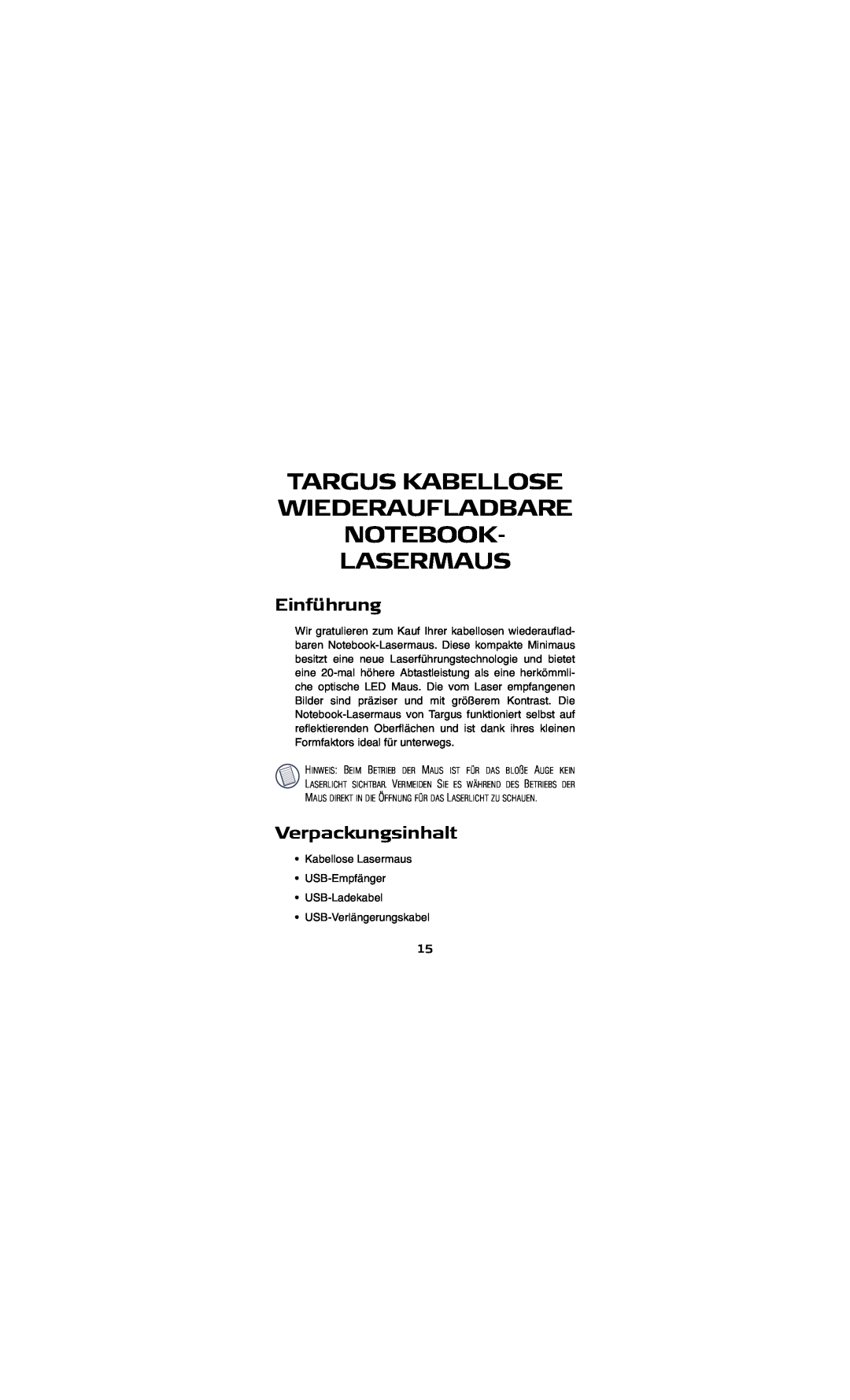 Targus AMW15EU specifications Targus Kabellose Wiederaufladbare Notebook- Lasermaus, Einführung, Verpackungsinhalt 
