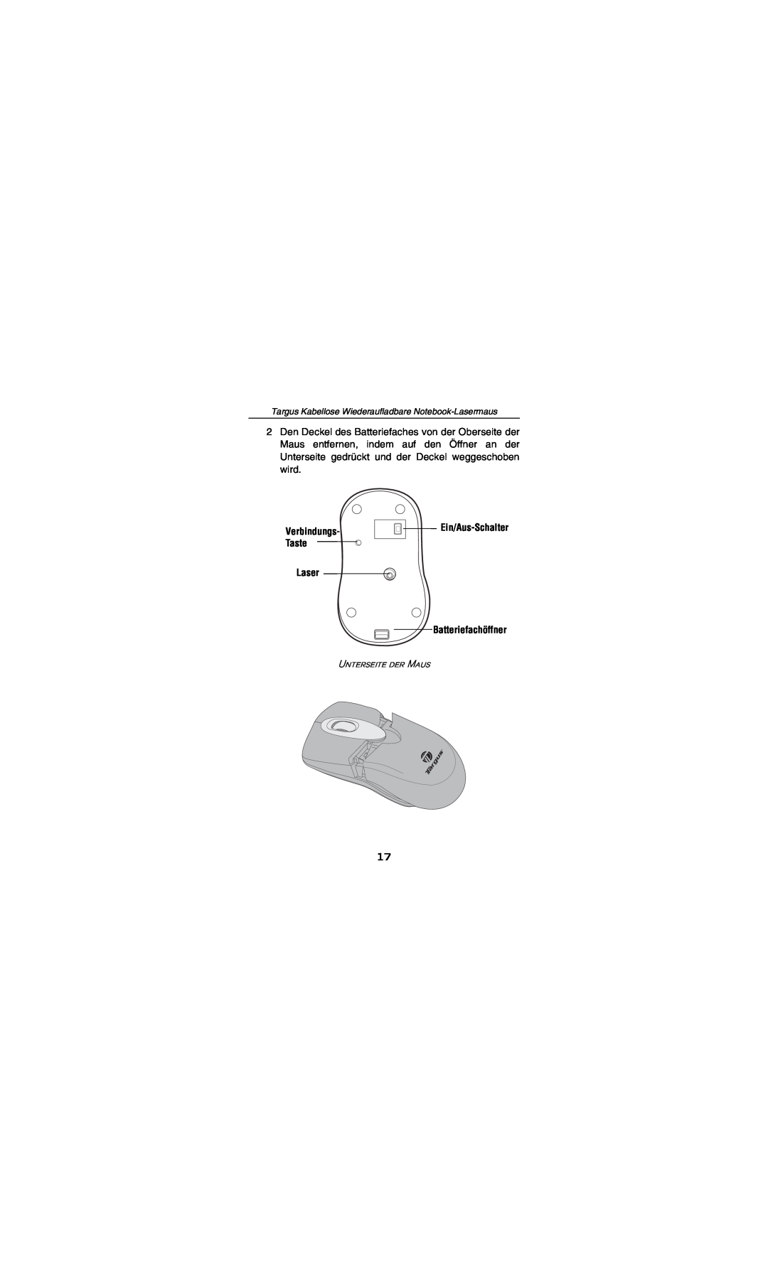 Targus AMW15EU specifications Verbindungs- Taste, Ein/Aus-Schalter, Laser Batteriefachöffner, Unterseite der Maus 