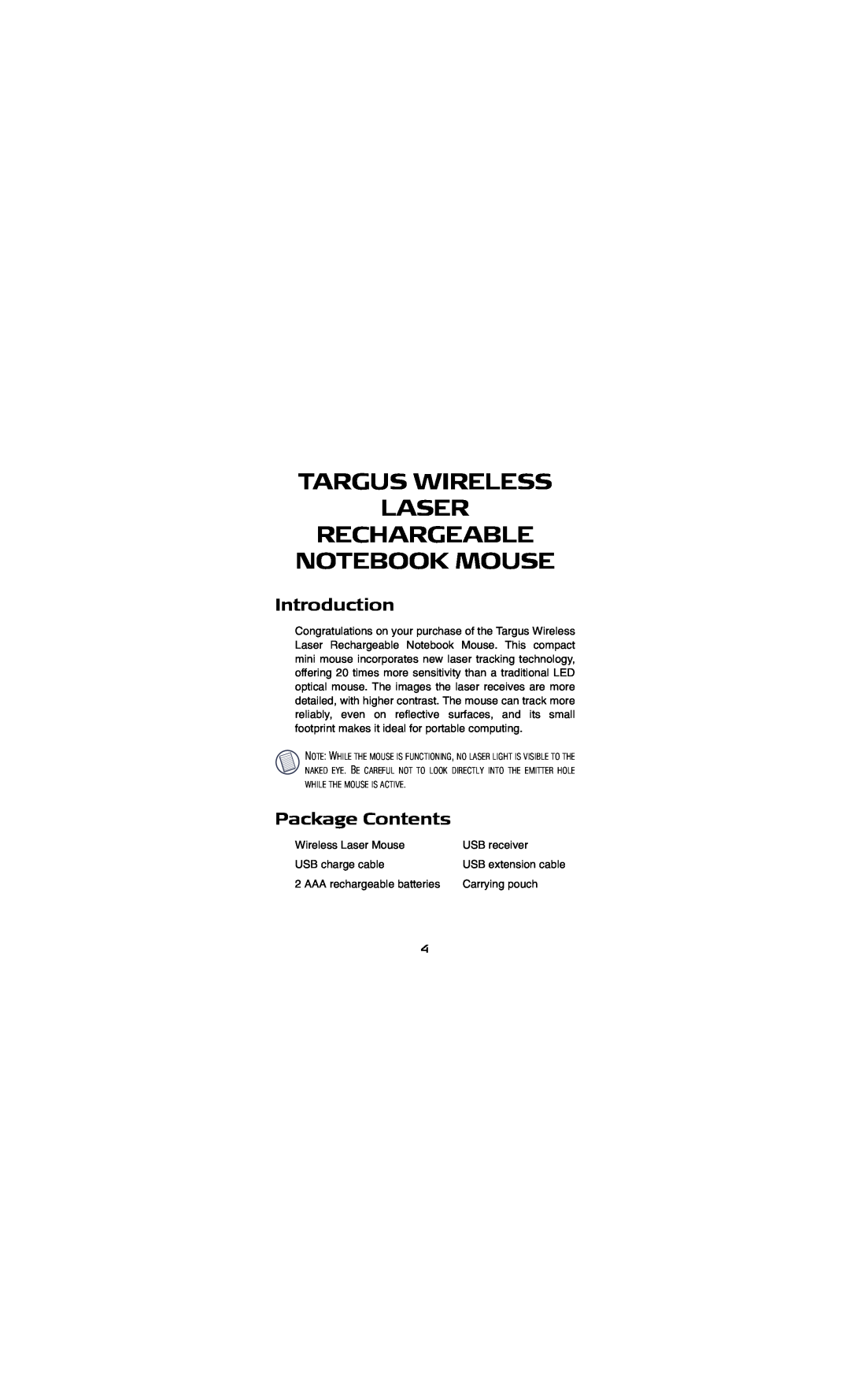 Targus AMW15EU specifications Targus Wireless Laser Rechargeable Notebook Mouse, Introduction, Package Contents 