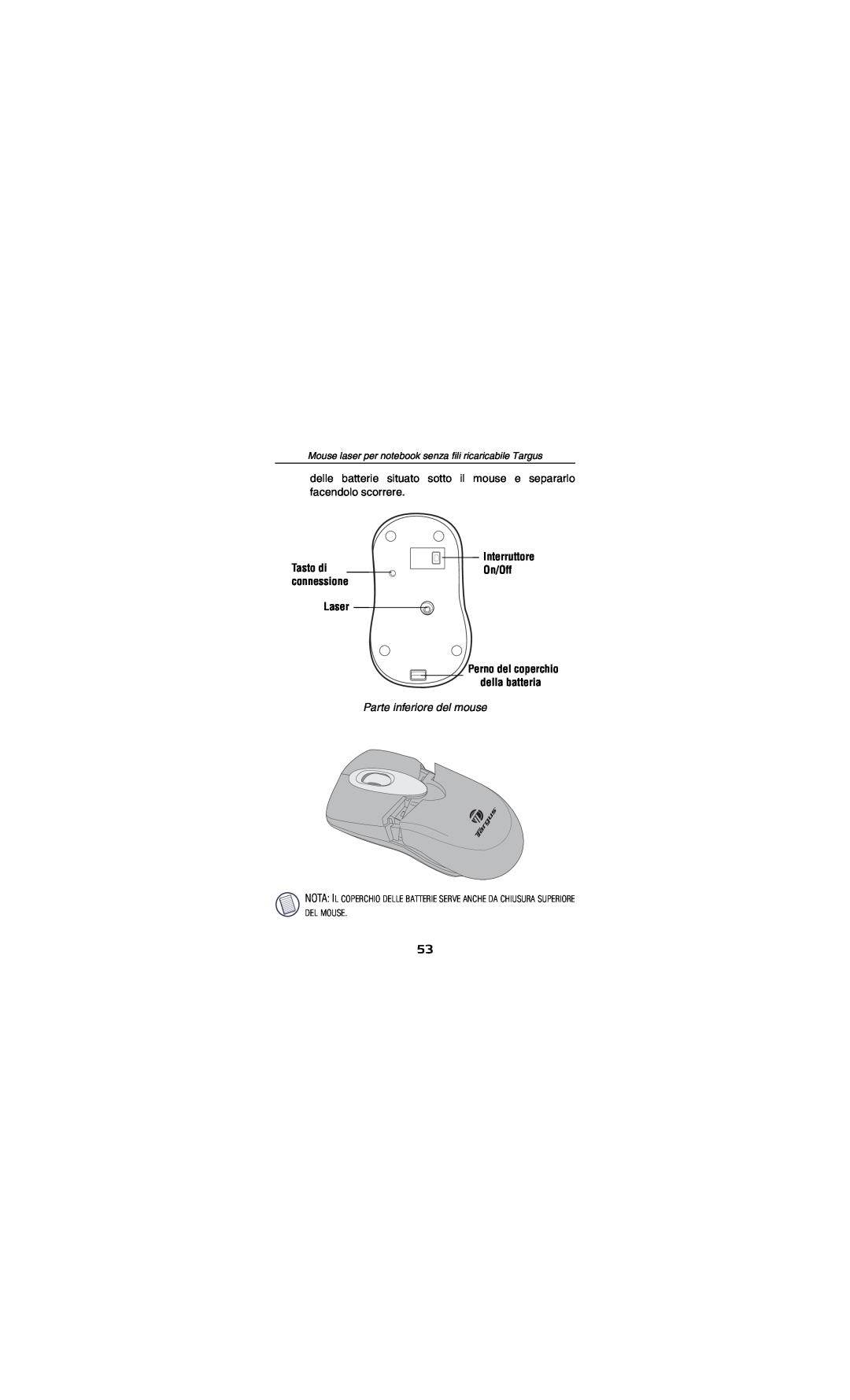 Targus AMW15EU specifications Laser, Parte inferiore del mouse, Interruttore On/Off, Tasto di connessione 