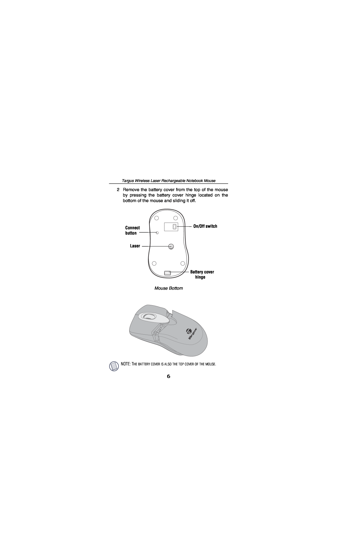 Targus AMW15EU On/Off switch, Mouse Bottom, Connect button, Targus Wireless Laser Rechargeable Notebook Mouse 