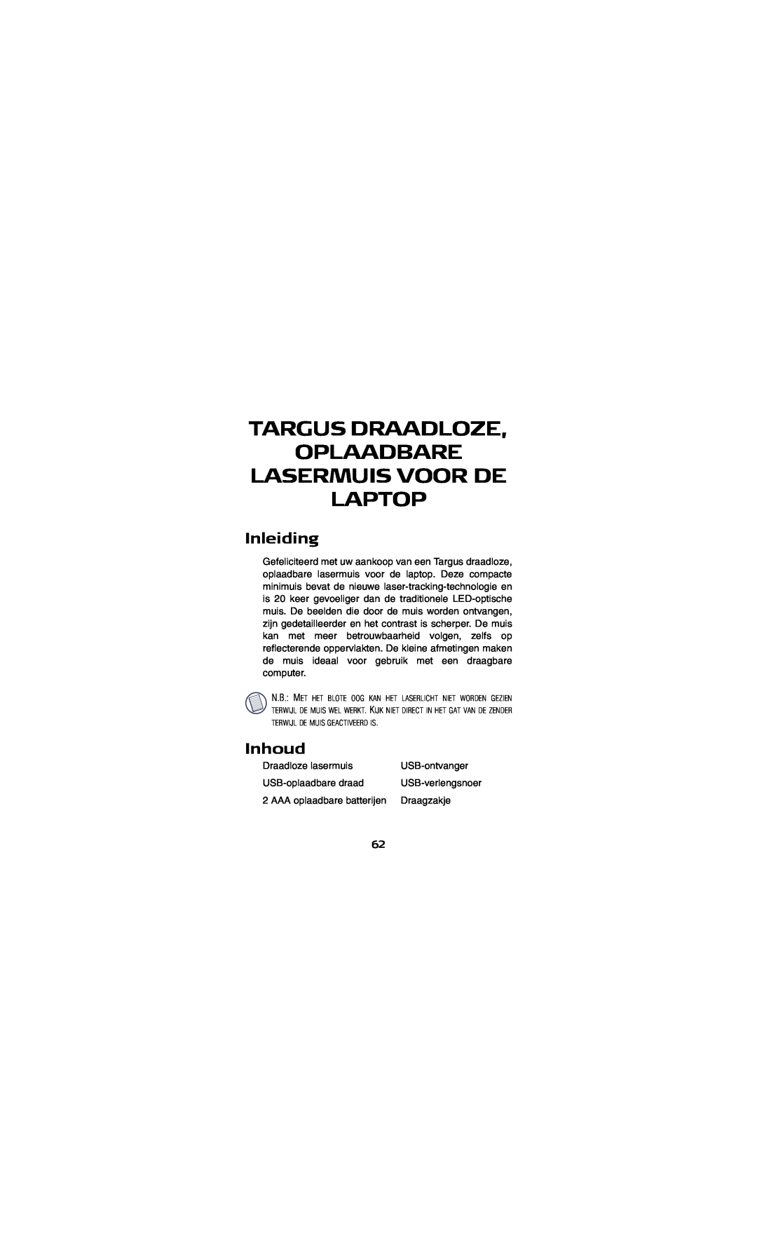 Targus AMW15EU specifications Targus Draadloze Oplaadbare Lasermuis Voor De Laptop, Inleiding, Inhoud 