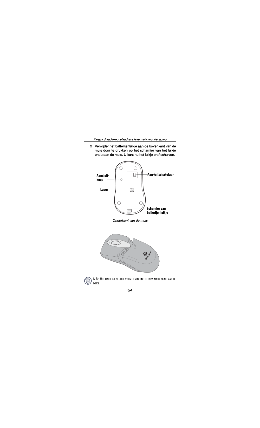 Targus AMW15EU Aan-/uitschakelaar, Laser, Onderkant van de muis, Aansluit- knop, Scharnier van batterijenluikje 